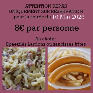 Repas pour la soirée du 16 Mai 2026